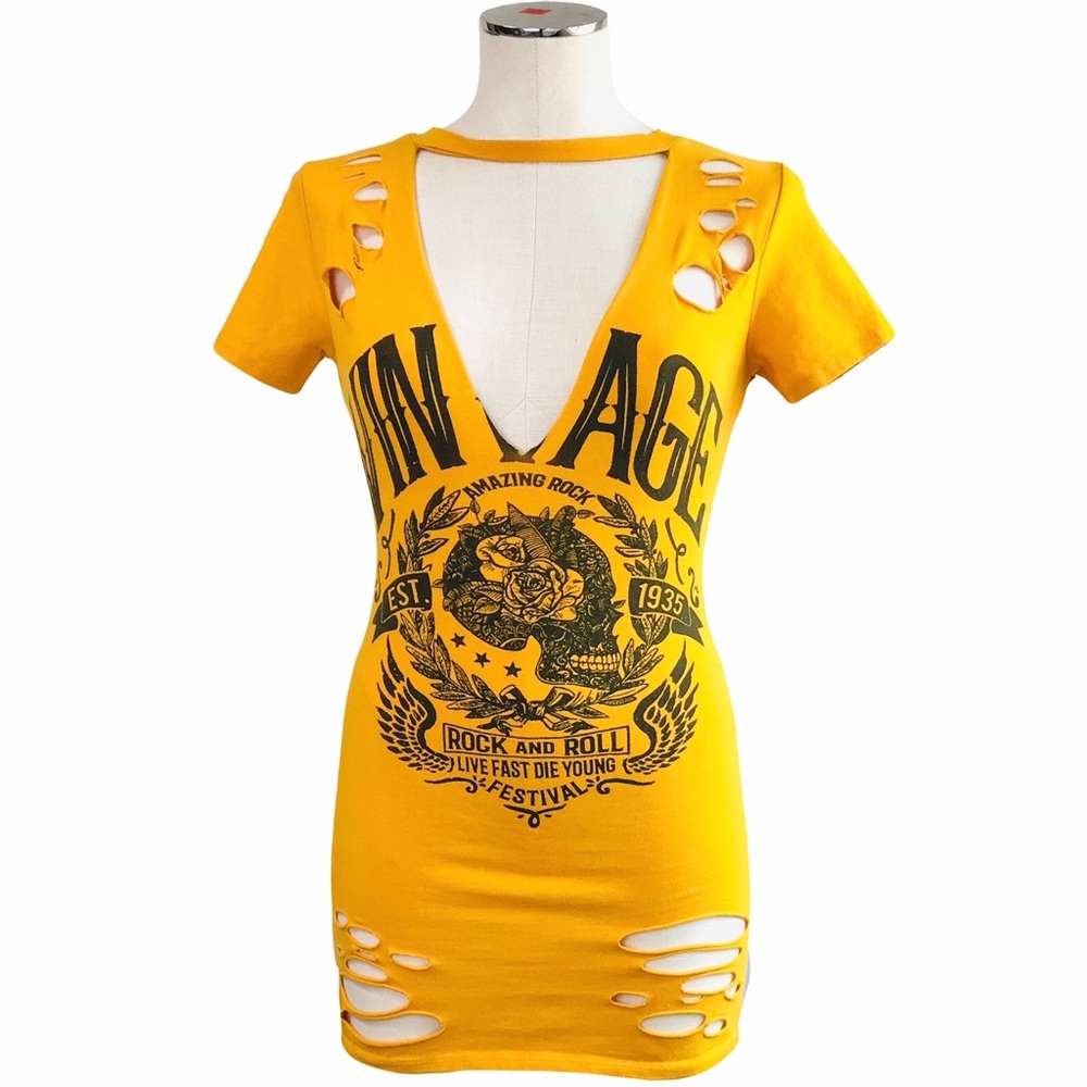 Windsor Vintage Womens Rock N Roll Concert Graphic Tee Top Mustard Yellow Size S
